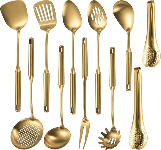 304 Stainlss Steel Matte Kitchen Utensils Set, 11 Pcs Long Metal Cooking Utensil Gadgets Tools Set with Spatula, Spoon, Ladle, Skimmer, Tunner, Pasta Server, Tongs(Gold, Dishwasher Safe) by Lazycorner