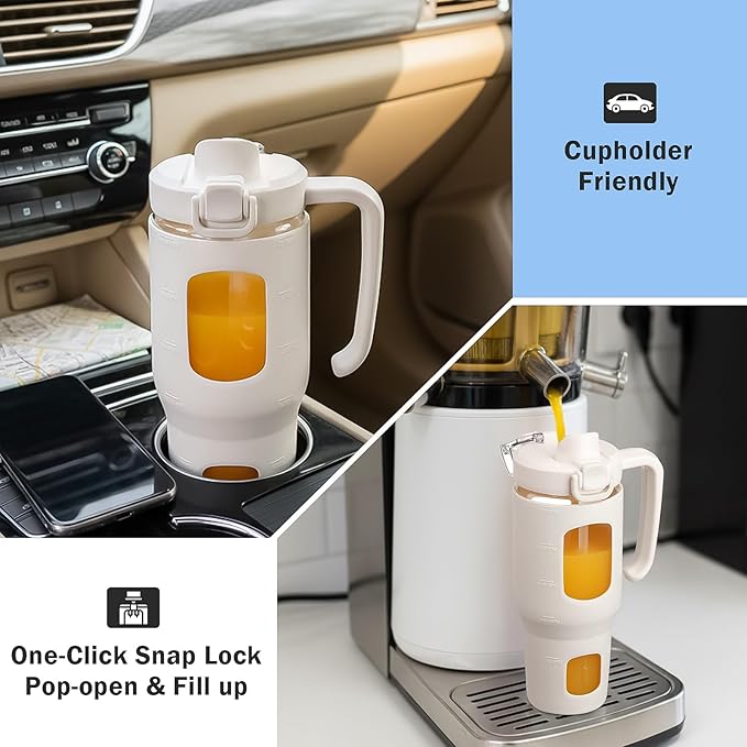 32oz Glass Tumbler with Straw Handle and 2-IN-1 Sip & Spout Lid, Reusable Iced Coffee Cup for Smoothie, Matcha, Milkshake, Leakproof Glass Water Bottle with Straw and Silicone Sleeve, BPA Free-White