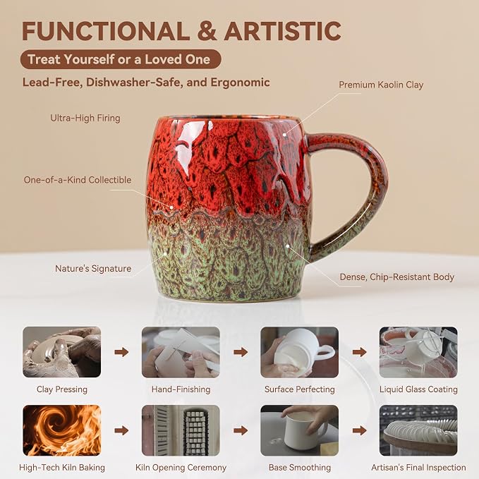 Handmade 22oz Ceramic Coffee Mug, Ergonomic Large Handle, Ideal Gift for Coffee Lovers, Microwave & Dishwasher Safe (Bas-Relief - Red&Green) - Image 7