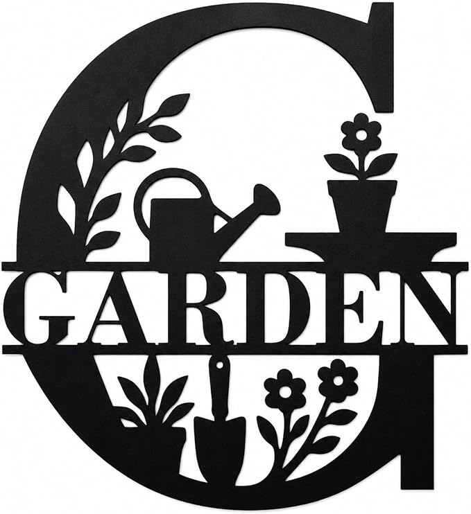Garden Metal Wall Decor, Farmhouse Outdoor Garden Sign, 13.1 Inch | 14-inch matte black metal GARDEN sign for patios, greenhouses, porches, sheds, and farmhouse outdoor wall decor. by Bosfori