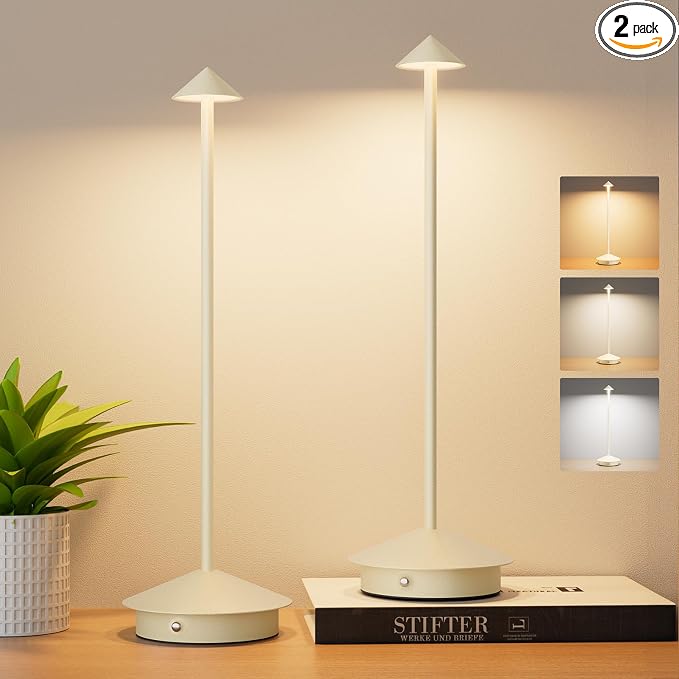 Cordless LED Table Lamps,Portable Battery Desk Lamp,2 Pack,Beige | 6000mAh Rechargeable,3000K/4500K/6000K Touch Stepless Dimming,Aluminum IP54 Waterproof Wireless Lighting for Outdoor/Indoor by Aoceley