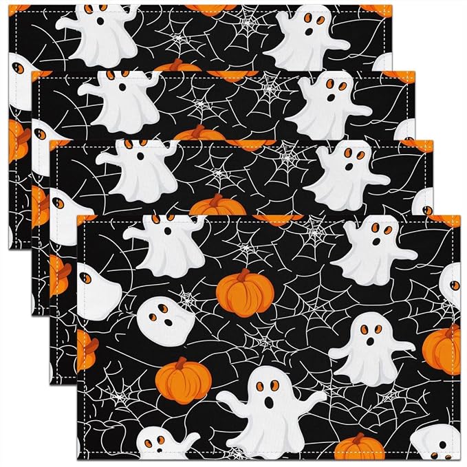 Feelyou Happy Halloween Placemats Set of 4 Cute Ghost Table Mats for Party Kitchen Dining Decoration Orange White Place Mat for Table Holiday Decor Indoor Outdoor 18"x12" Pumpkin Lantern Cobweb by Feelyou