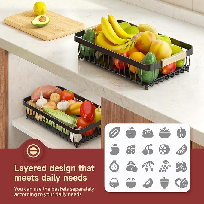3-Tier Fruit Basket with Banana Hangers, Detachable Metal Bowl | Wooden handle, protective mats included. Versatile holder for bread, snacks, and veggies. Large 3 tier metal design. - Image 6
