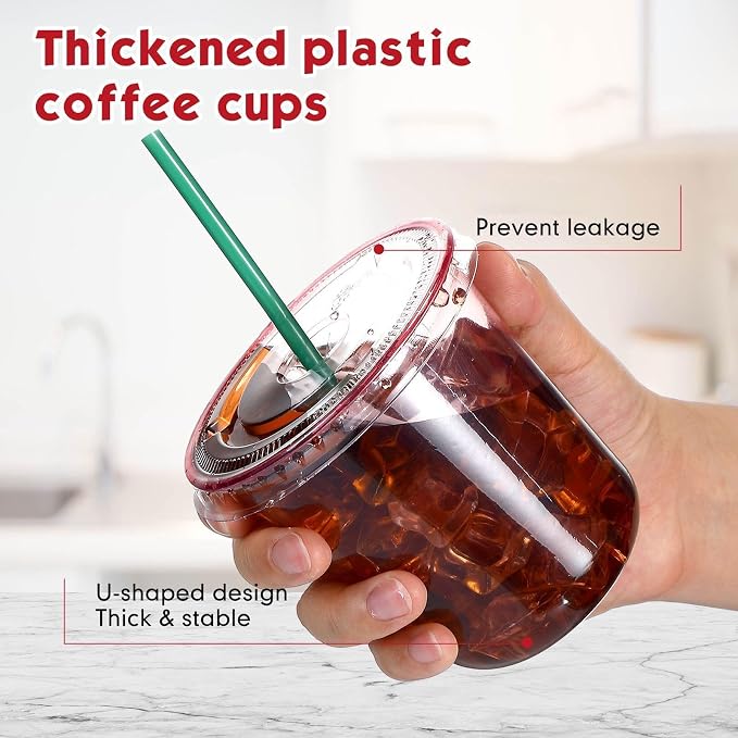 Baderke 25 Set Plastic Cups with Lids and Straws, Disposable Plastic Iced Coffee Cup for Cold Beverage Juice Smoothie Crystal for Coffee Shops Party Catering(Pink,12 oz) - Image 4