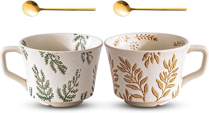 Mug Set of 2 Coffee Mugs Set 11 Ounce, Porcelain Cups for Latte, Hot Tea, Cappuccino, Cocoa, Soup, Dishwasher, Microwave Safe, Christmas Gift Set (Bean leaf & Vines) by Noevany