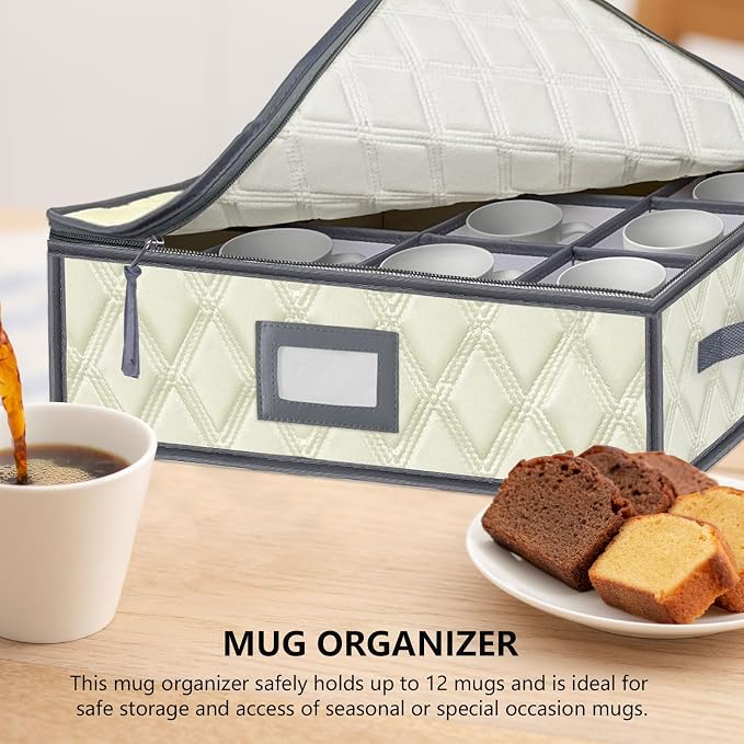 Mug and Cup Storage Box with Dividers - 1 Pack China Storage Bin Containers Holds 12 Glassware, Stackable Coffee Mug Organizer Bin and Tea Cup with 2 Metal Zipper,Label and Handles - Image 2