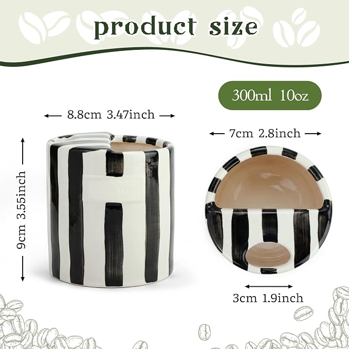 Novelty Striped Ceramic Coffee Mug with Sip Hole and Half Lid, Cute Black Hand-Painted Iced Tea Cup, 10oz Trendy Retro Aesthetic Porcelain Present for Coffee Lover Cappuccino Latte Espresso - Image 2
