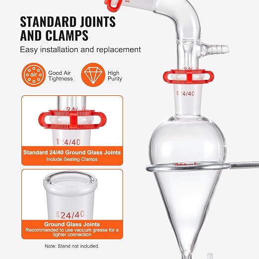 VEVOR Lab Distillation Kit, 3.3 Boro Lab Glassware Distillation Kit with 24, 40 Joint, 1000ml Essential Oil Distillation Apparatus Kit, 32 pcs Set of Glassware Equipment - Image 4