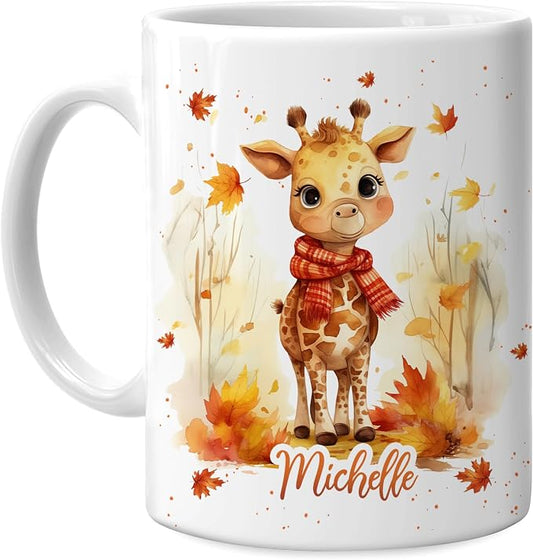 Hyturtle Personalized Fall Giraffe Maple Leaves Coffee Mug Gift on Birthday | Gifts For Giraffe Lovers - Fall Autumn Decor Gifts For Farmhouse Thanksgiving - Custom Name 11oz White Ceramic Coffee Tea Mug by Hyturtle