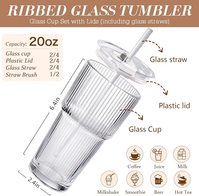 Iced Coffee Cups with Lids 2Pcs: Ribbed Glass Tumbler with Straw and Lid 20oz - Vintage Glass Cups with Lids and Straws - Tumbler Leak Proof Aesthetic Drinking for Coffee Bar Accessories - Image 2