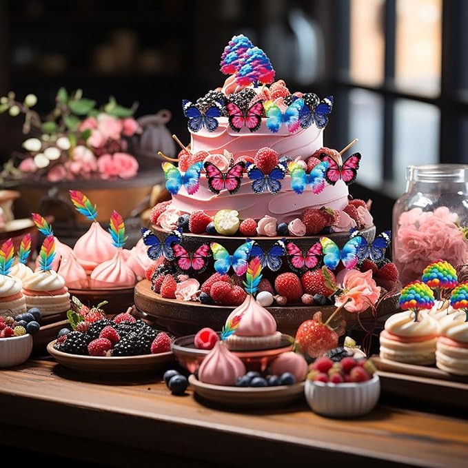 Edible Feather Butterfly Bird Bee Tree Sun Cloud Cupcake Toppers 62pcs Colorful Wafer Paper Cake Decorations for Kids Birthday, Baby Shower, Spring Party Celebration (Feather Butterfly Set) - Image 3