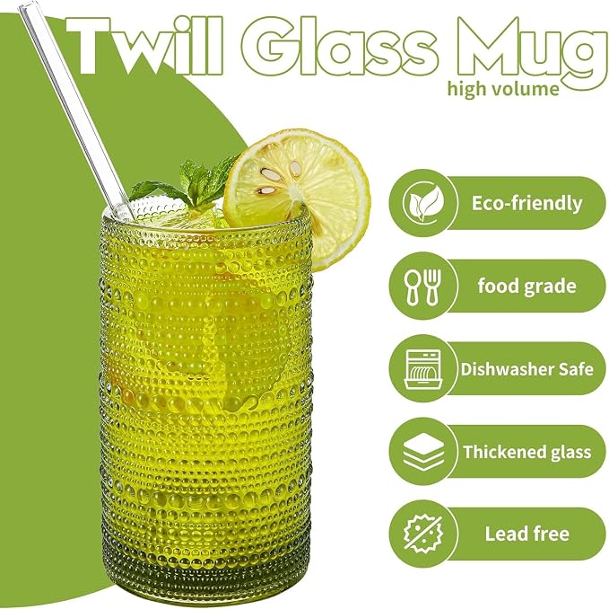 16oz Green Hobnail Drinking Glasses with Straws Set of 12, Highball Glasses Cups, Kitchen Water Glasses Cup, for Cocktail, Juice, Whiskey, Milk and Various Mixed Drinks - Image 5