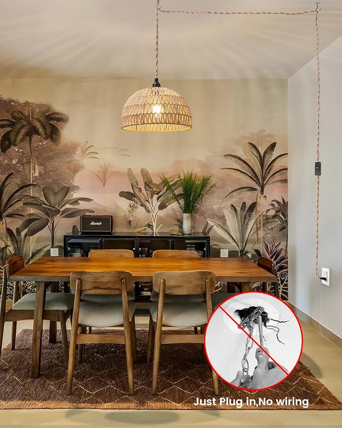 Rattan Hanging Lamp,Boho Pendant Lights,Plug in Cord Hanging Rattan Light,Plug Into Wall Outlet Pendant Light Fixture On/Off Switch for Living,Dinner Room,Bedroom,Kitchen,for E26,without Bulb - Image 6