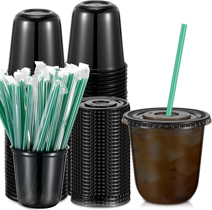 Baderke 25 Set Plastic Cups with Lids and Straws, Disposable Plastic Iced Coffee Cup for Cold Beverage Juice Smoothie Crystal for Coffee Shops Party Catering (Black,12 oz) by Baderke