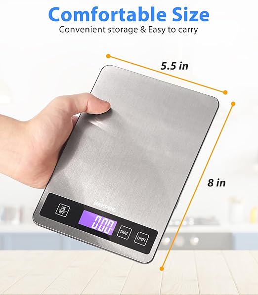 Food Scale, Kitchen Scale, 15kg/33lb, USB Rechargeable & Batteries (Not Inc.), Splash-Resistant Stainless Steel, Full-View LCD Display, Compact & Easy-Clean Design, 6 Units, Tare Function