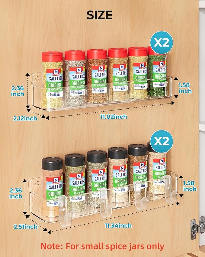Nieifi Spice Rack Wall Mount, 4 Pack Clear, 2" Depth, Screw/Adhesive | Wall-Mounted with Removable Hooks Saves Counter Space, Fits 2" Deep Jars, Ideal for Kitchen Cabinets, Pantry Doors, and RVs. - Image 3