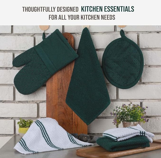 LANE LINEN Dish Towels and Dishcloths Sets - 16 Pc Kitchen Mitts and Pot Holders, 100% Cotton Kitchen Dish Rags for Washing Dishes - Green - Image 3