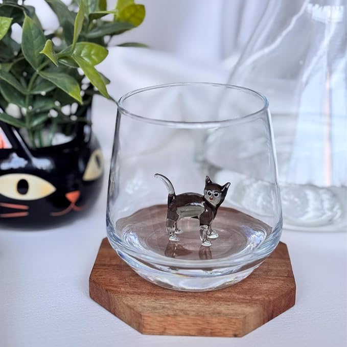 Cat Figurine Glass Cup 3D Animal Artisan Glassware Collection Handmade Cute Wine Cup Meow Garden Crystal Cat Tumbler Gothic Decorations Stemless Wineglass - Image 3