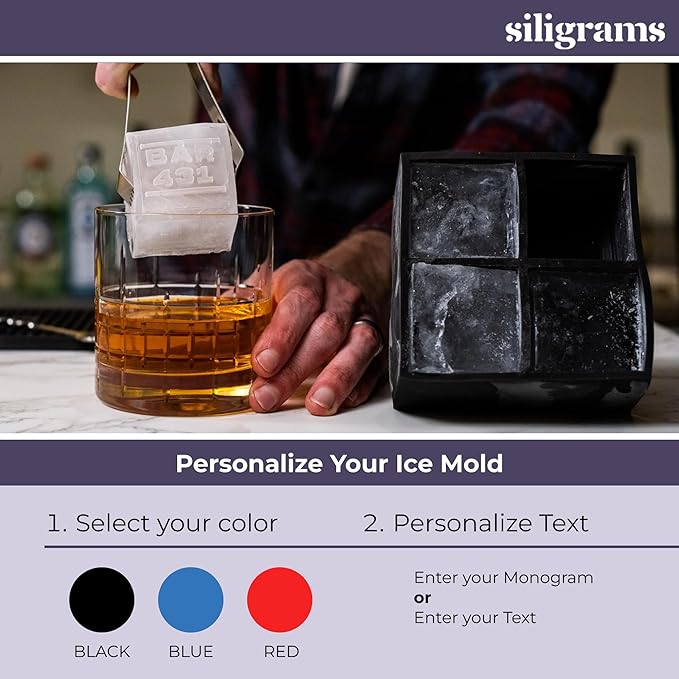 Siligrams Personalized Silicone Ice Cube Mold - Custom Ice Molds for Cocktails, Whiskey & Other Drinks - Great Customizable Gift (6 Cubes - Square)