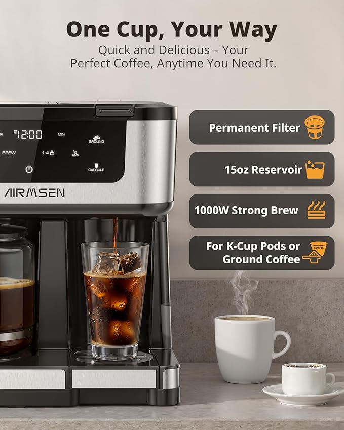 AIRMSEN 12-Cup Programmable Dual Coffee Maker – Single Serve Machine for K-Cup Pods & Ground, 1000W Fast Brew, Delay Start, 2H Keep Warm, Touchscreen, 60oz Tank, Glass Carafe – Home & Office - Image 4