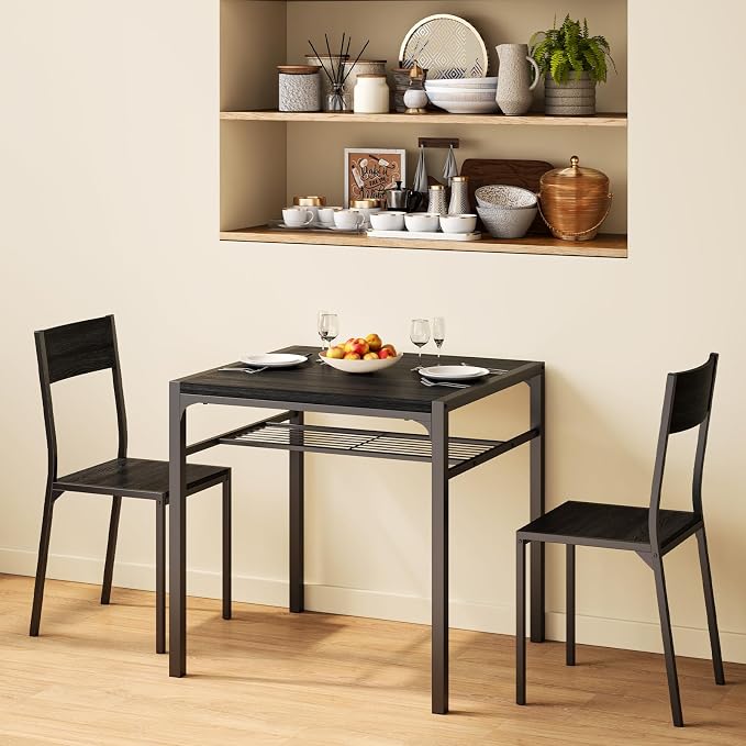 Gizoon 3-Piece Dining Table Set for 2, Small Kitchen Table & Chairs Black | Compact black 2-person dining set perfect for apartments. Features under-table storage rack and 2 chairs that tuck away. - Image 8