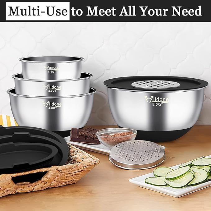 Wildone Mixing Bowls with Airtight Lids, Stainless Steel Mixing Bowls Set | Metal Bowls with 3 Grater Attachments & Non-Slip Bottoms, Size 5, 4, 3, 2,1.5, 0.63QT, Includes Utensil Set for Prep, Black - Image 5