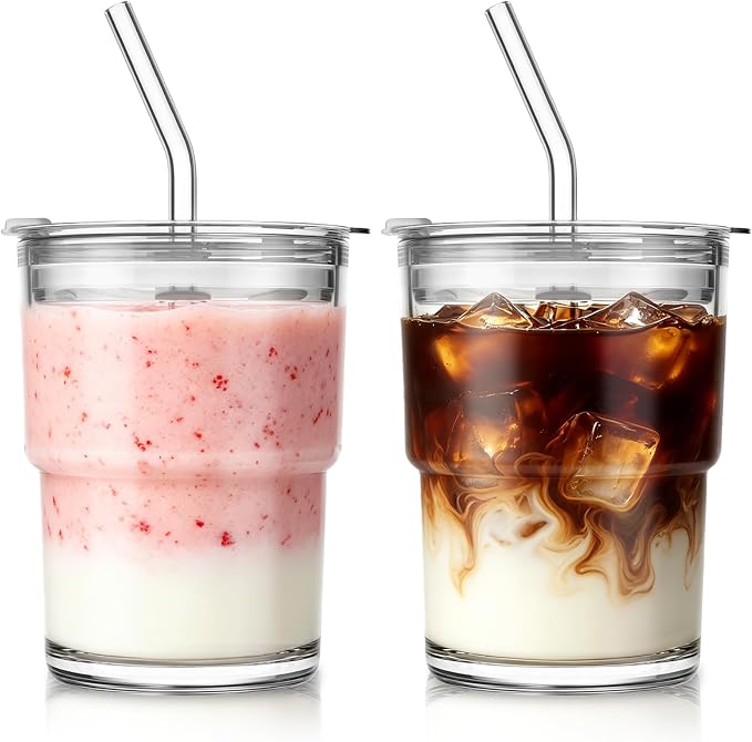 SoulTimes 13oz Clear Glass Tumbler with Lid and Straw – Iced Coffee Glasses Cups for Smoothie, Matcha, Juice, Water etc. Leakproof and Reusable Glassware Drinking for Travel To Go [2Pcs] by SoulTimes