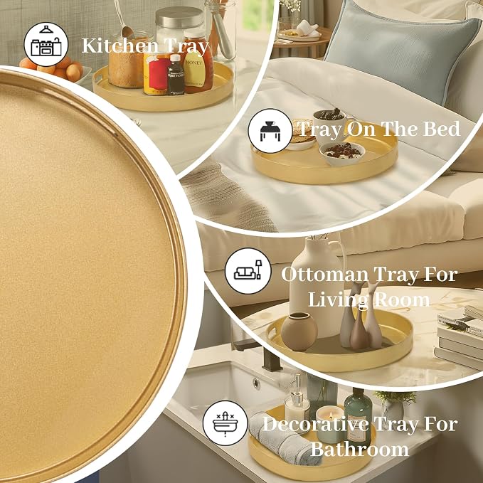 MAONAME 13" Gold Decorative Tray, Plastic Round Serving Tray with Handles | Decorative Tray for Coffee Table, Modern Ottoman Tray, Circle Tea Tray, Round Melamine Tray for Living Room, Bathroom - Image 7