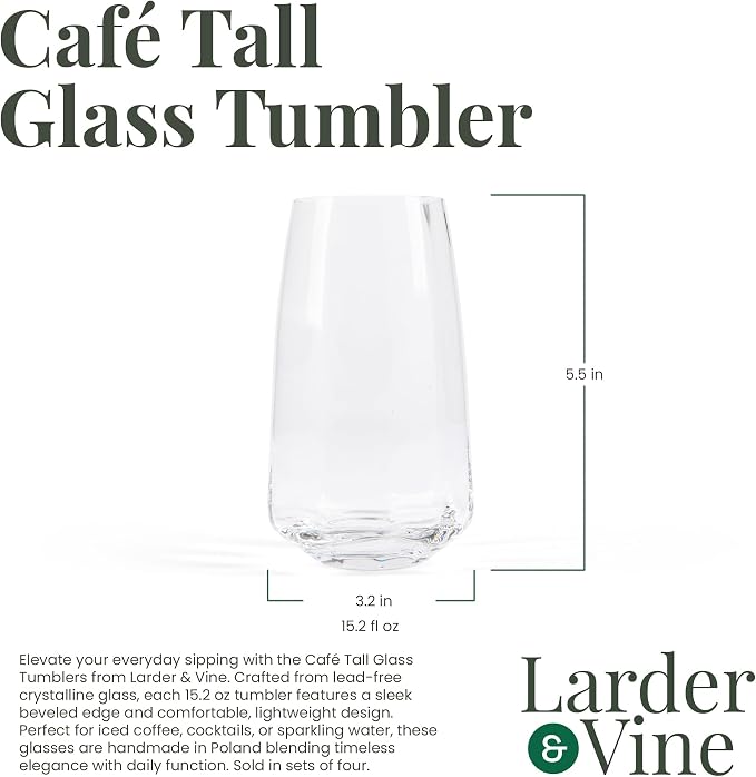 Larder & Vine Crystalline Glassware Tumbler Set, Artisan Drinkware for Cocktails, Water, Whiskey or Spirits, Handmade in Poland (Cafe Tall) - Image 7