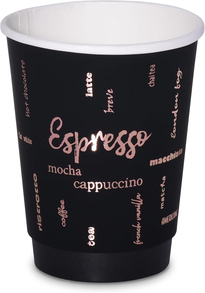 12oz Premium Disposable Coffee Cups, Double-Wall Insulated Paper Cups with Flip-Top Lids, No Sleeves Needed, To-Go Cups for Coffee, Tea, Hot Chocolate, Events, Rose Gold Print (Black, 60ct)