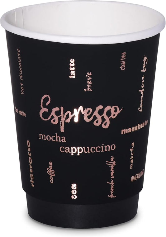 12oz Premium Disposable Coffee Cups, Double-Wall Insulated Paper Cups with Flip-Top Lids, No Sleeves Needed, To-Go Cups for Coffee, Tea, Hot Chocolate, Events, Rose Gold Print (Black, 60ct)