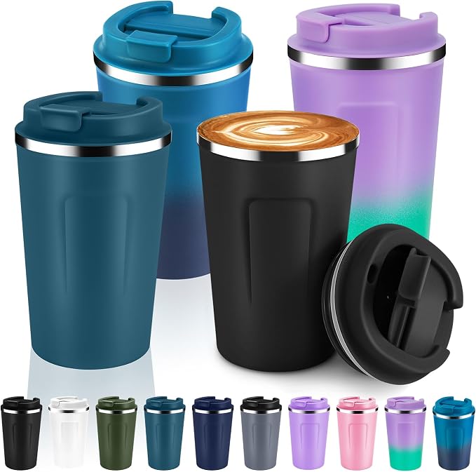 Volhoply 12 oz Double Wall Insulated Vacuum Travel Coffee Mug with Flip Lid Bulk 4 Pack,Reusable Stainless Steel Leak Proof Coffee Cups,Portable Cafe Thermal Tumbler for Cold Drinks(Assorted,4 Set) by LiveFully%EF%BC%8CDrinkFreely%E2%80%94KeepGoingwithVolhoply%EF%BC%81