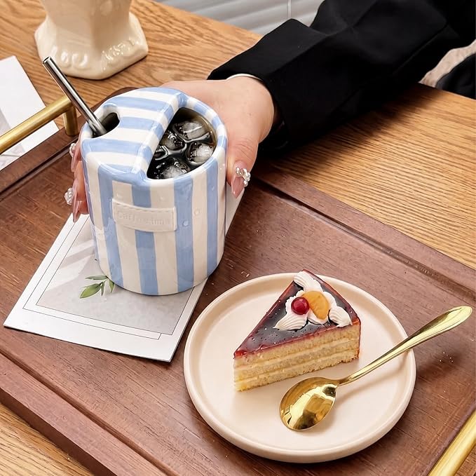 1 Pack Ceramic Coffee Mug with Sip Hole Espresso Cup 10oz with Straws Retro Hand Painted Striped Ceramic Iced Coffee Tea Travel Mug Latte Cup for Kitchen Dining (Simple,Blue) - Image 6