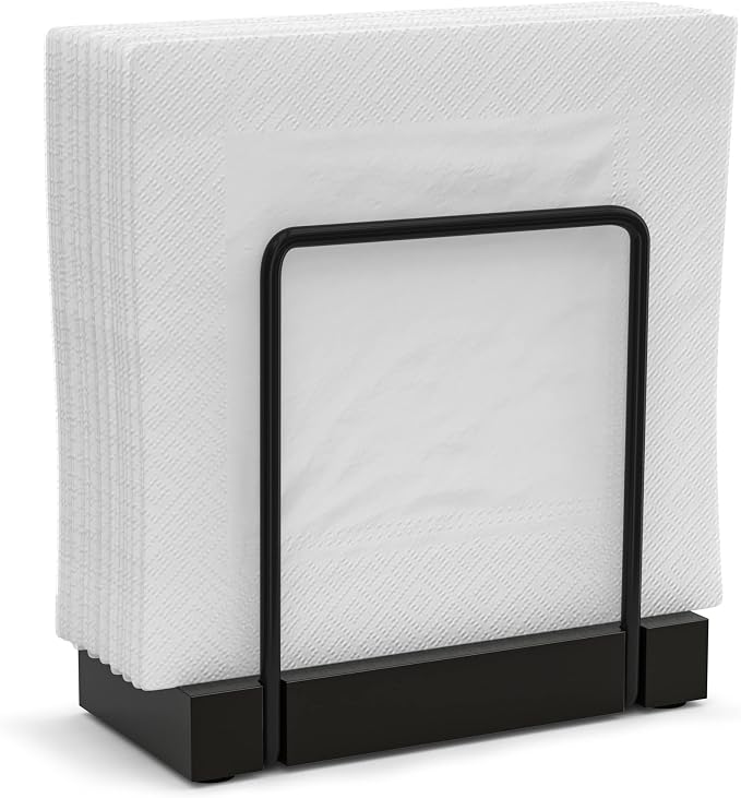 Wican Napkin Holder for Table, Bamboo Iron Standing Napkin Dispenser | Kitchen Dining Farmhouse Cocktail Picnic Bar Rustic Wood Holders, Paper Mail Bills, Suitable All Dining Room Decors, Black by Wican