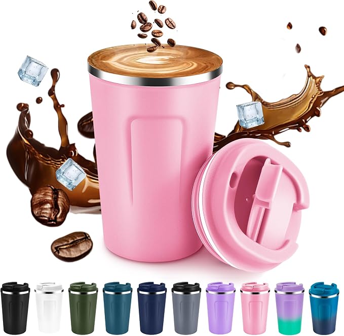 Volhoply 12 oz Double Wall Insulated Vacuum Travel Coffee Mug with Flip Lid,Reusable Stainless Steel Leak Proof Coffee Cup,Portable Iced Cafe Thermal Tumbler Suitable for Hot & Cold Drinks(Pink,1 Set) by LiveFully%EF%BC%8CDrinkFreely%E2%80%94KeepGoingwithVolhoply%EF%BC%81