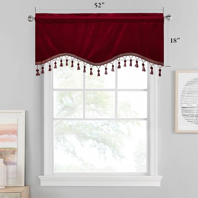 Red Tassel Christmas Velvet Valances Curtains 52x18 Inch 2 Panels | Christmas Home Decoration, Rod Pocket Kitchen Tassel Tier Curtains Room Darkening Window Drapes for Bedroom, Bay Window - Image 2