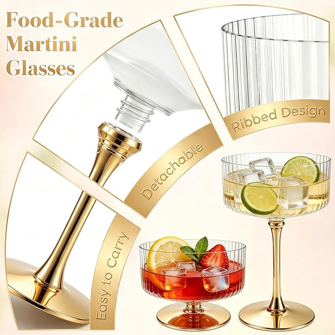 PLULON 12 Pcs Plastic Coupe Martini Glasses Cocktail Champagne Cup 10 Oz | Ribbed Transparent with Gold Stem Martini Espresso Glasses for Bar Drinking Gifts Wedding Birthday Party, Detachable Cup - Image 2