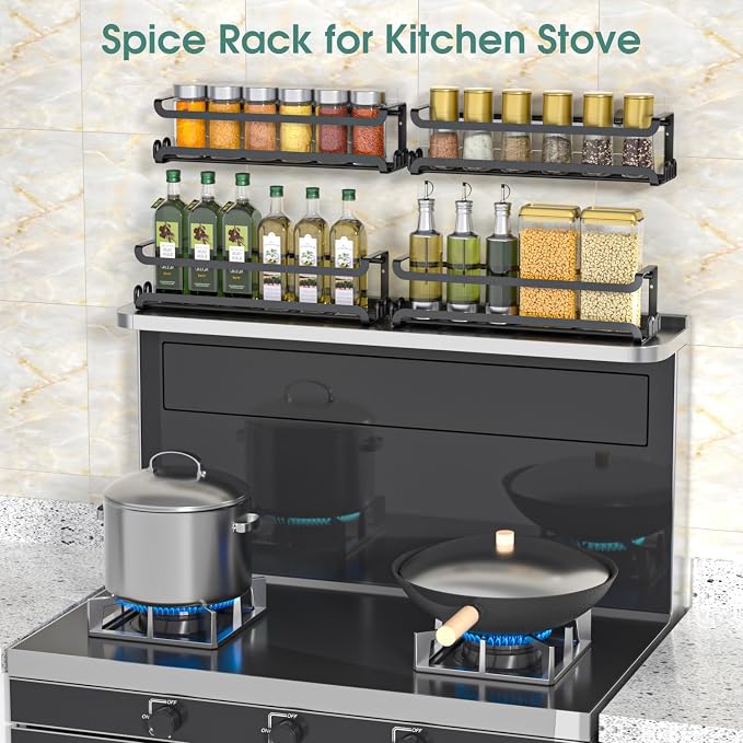 LUCYCAZ 4 Pack Wall Mounted Spice Rack for Kitchen Cabinet,RV,Camper,Black | 16 Metal Hooks, Space-Saving,Screw or Adhesive Spice Shelf Hanging,for Pantry Door Spice Jars & Seasonings,11.41×2.75×2.36in - Image 10