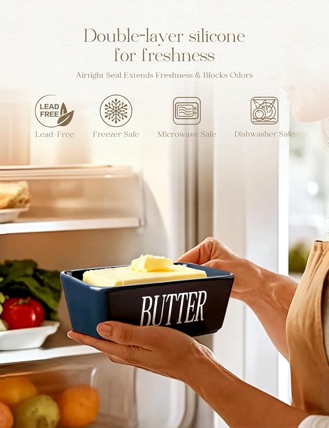Ceramic Butter Dish with Lid and Knife & Silicone Seal for Countertop Blue | Suitable Capacity, Great Sealing, Home Decor Kitchen Gift Housewarming Gift - Image 3
