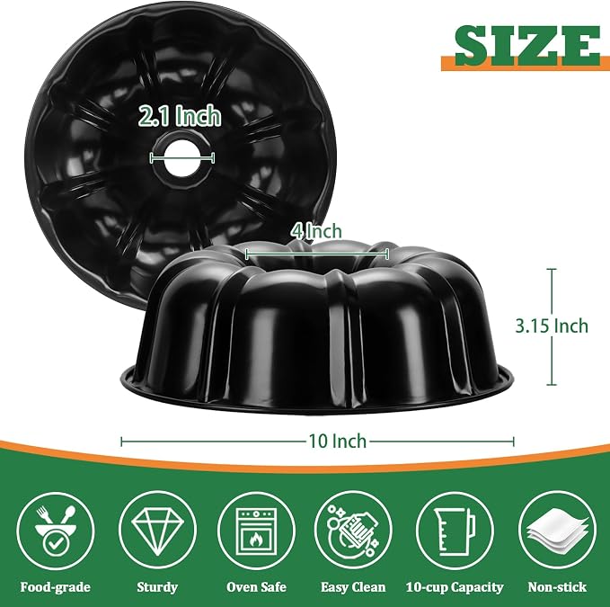 P&P CHEF 10 Inch Black Non-stick Cake Pan, Carbon Steel Fluted Tube Pan | Round Baking Pan for Pound Cake, 10-Cup Large Capacity Bakeware, Healthy & Heavy Duty, 1 Piece - Image 2