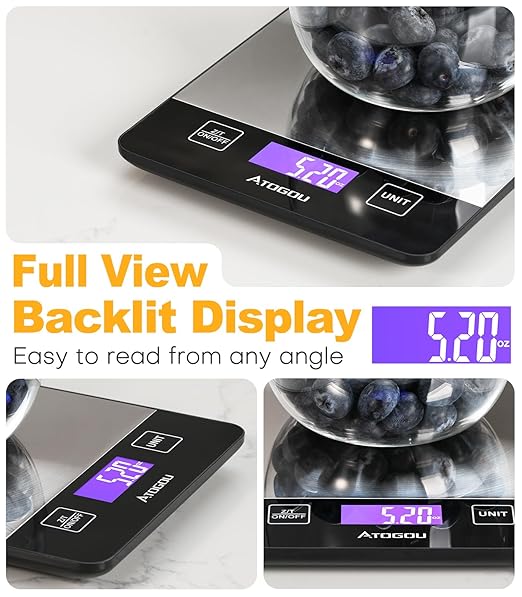 Atogou 1g/ 33lb Food Scale, Rechargeable Kitchen Scale with Full-View Backlit LCD Display, Stainless Steel Surface, USB Charging or AAA Batteries (not Included), for Baking, Cooking, Food