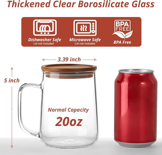 Glass Coffee Mugs, 20 oz Glass Coffee Cups with Acacia Wood Lids, Clear Borosilicate Glass Mugs with Handles for Cappuccino, Tea, Latte, Hot/Cold Beverages, Wine, Americano, Set of 2 - Image 2
