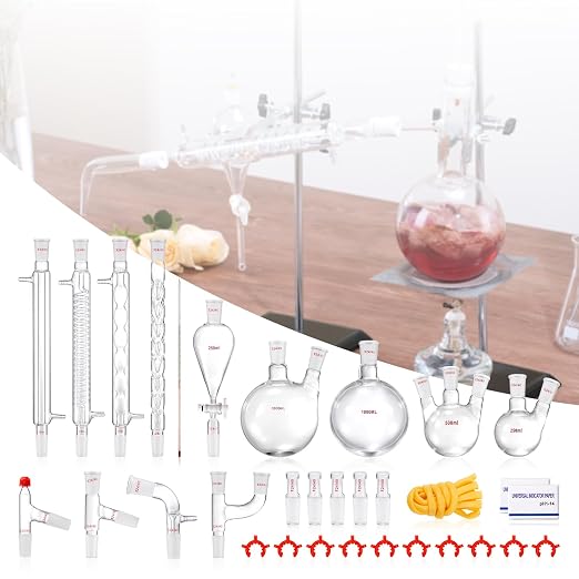 VEVOR Lab Distillation Kit, 3.3 Boro Lab Glassware Distillation Kit with 24, 40 Joint, 1000ml Essential Oil Distillation Apparatus Kit, 32 pcs Set of Glassware Equipment - Image 8