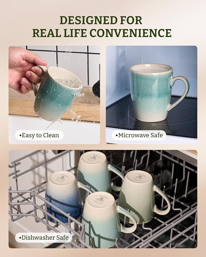 famiware Coffee Mugs Set, 13 oz Mug Set of 8, Stoneware Cups for Latte, Hot Tea, Mocha, Cocoa, Cappuccino, Microwave and Dishwasher Safe, Glacier Series, Aqua - Image 7