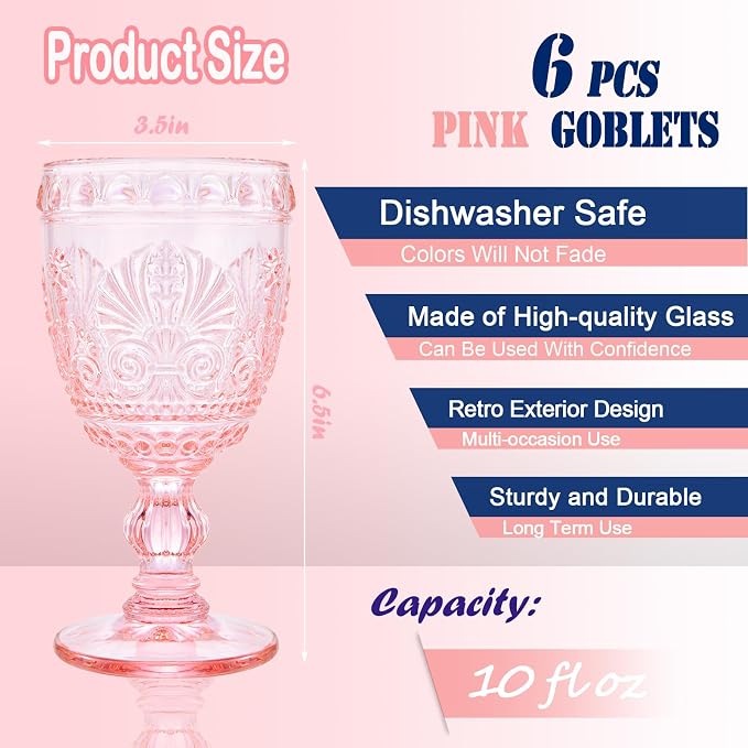 6 Pcs Pink Wine Glasses,Goblet Glasses,Vintage Glassware, Made of Sturdy and Durable Glass Can be Used for Weddings, Everyday Fun Parties and More! - Image 2