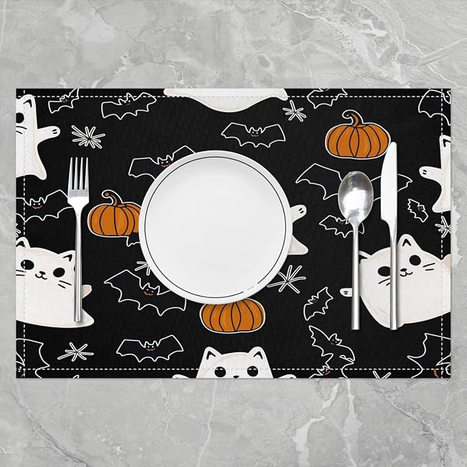 Feelyou Happy Halloween Placemats Set of 4 Cute Ghost Cat Table Mats Orange and Black Place Mat for Kitchen Dining Table Party Decor Indoor Outdoor 18"x12" Non-Slip Easy to Clean Pumpkin Lantern Bats - Image 2