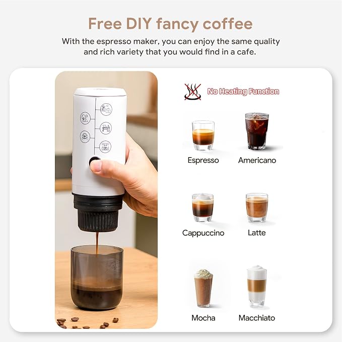 Portable Espresso Coffee Maker 4-in-1 Compatible with NES and DG Capsules and Ground Coffee Cordless 17Bar Rechargeable Electric Machine with 2600mAh Battery for Home Car Travel - Image 5