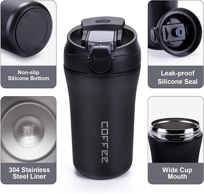 14 oz Travel Coffee Mug, 2 Pack Vacuum Insulated Stainless Steel Tumbler | Spill proof coffee travel mug with lid & straw for hot & cold drinks. Great gift for men & women (Black Grey) - Image 4