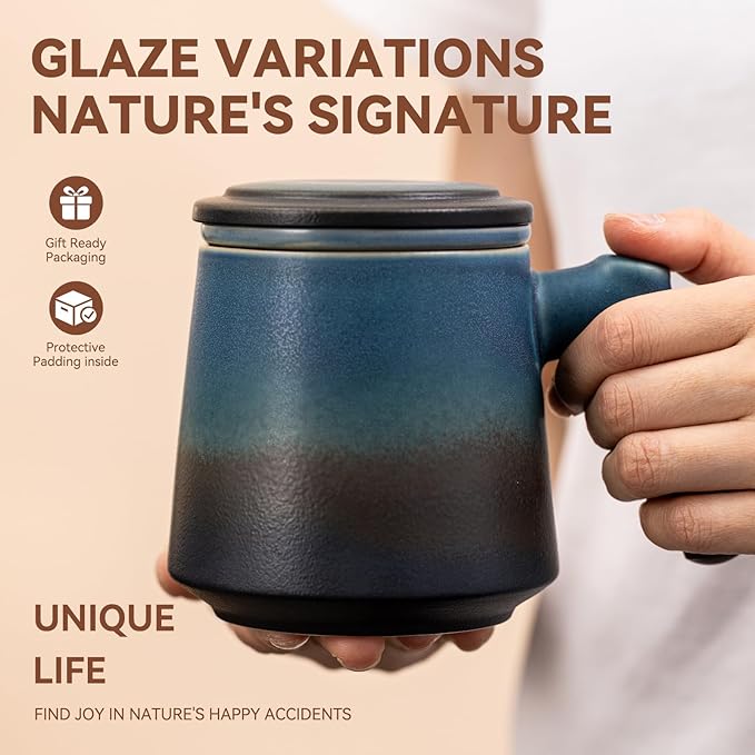 Ceramic Tea Mug with Infuser & Lid, 12.5oz Kiln-Transformed Unique Cup – Nature's Artisan Design, Loose Leaf Tea Cup with Infuser, Insulated Ceramic Coffee Mugs with Lid, Gift for Women/Men