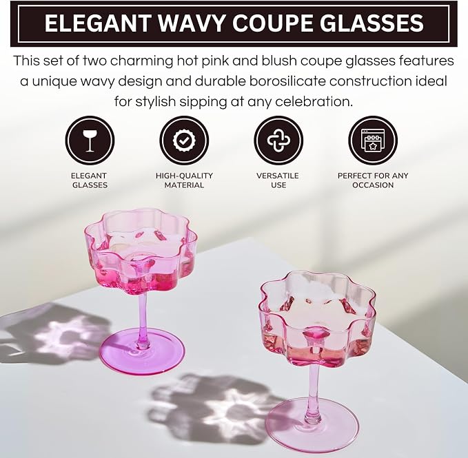 Flower Scalloped Vintage Wavy Petals Wave Glass Coupes 7oz Colorful Martini, Champagne & Cocktails, 2 Pink & Blush Set Amber Rippled Champagne Glasses, Elegant Bar Glassware, Aesthetic Coupe Glassware - Image 4